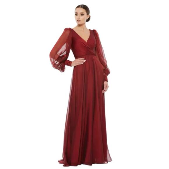 NWOT MAC DUGGAL Garnet A-Line Blouson Sleeve Chiffon Ballgown Dress Women’s - Picture 1 of 15